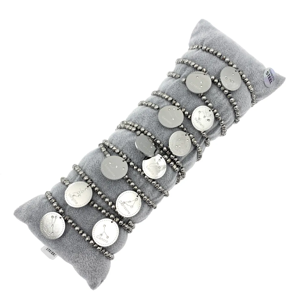 12Pz Bracciali Elastici in Acciaio+Cuscino in Omaggio - BPA413-2259-Segno Zodiacale-12 Pz Bracciali in Acciaio