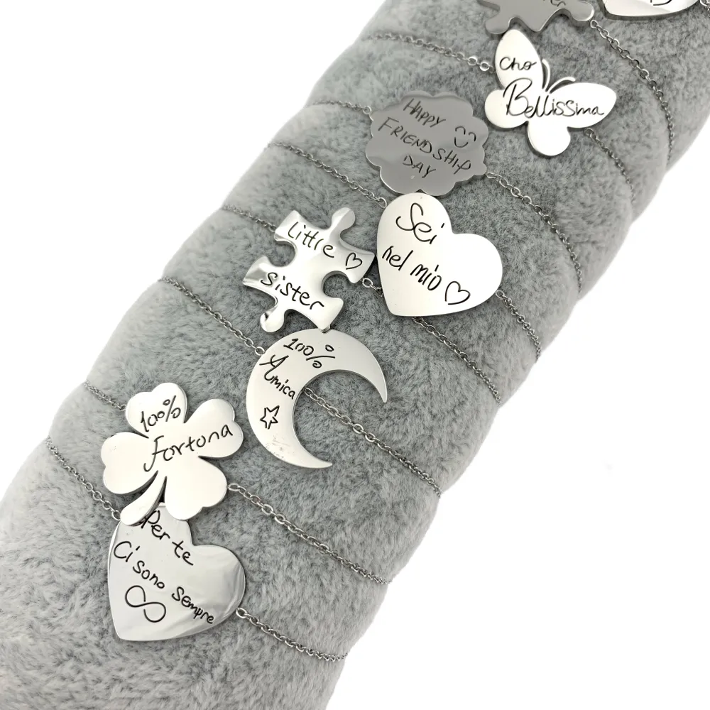 12Pz Bracciali in Acciaio con Chiusura a Moschettone + Cuscino - BPA7651-Scritte-12 Pz Bracciali in Acciaio