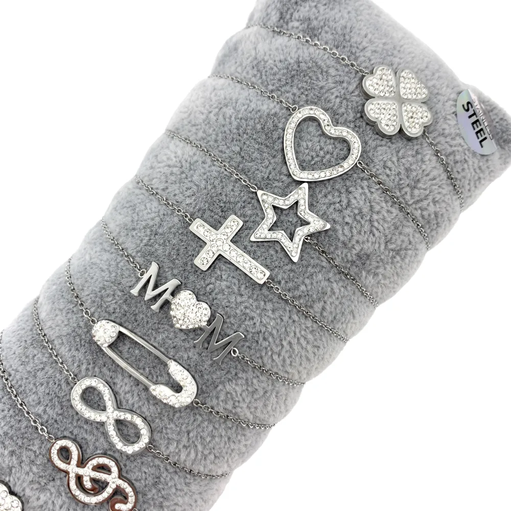 12Pz Bracciali in Acciaio con Chiusura a Moschettone + Cuscino - BPA7653-Soggetti Mix con Strass-12 Pz Bracciali in Acciaio