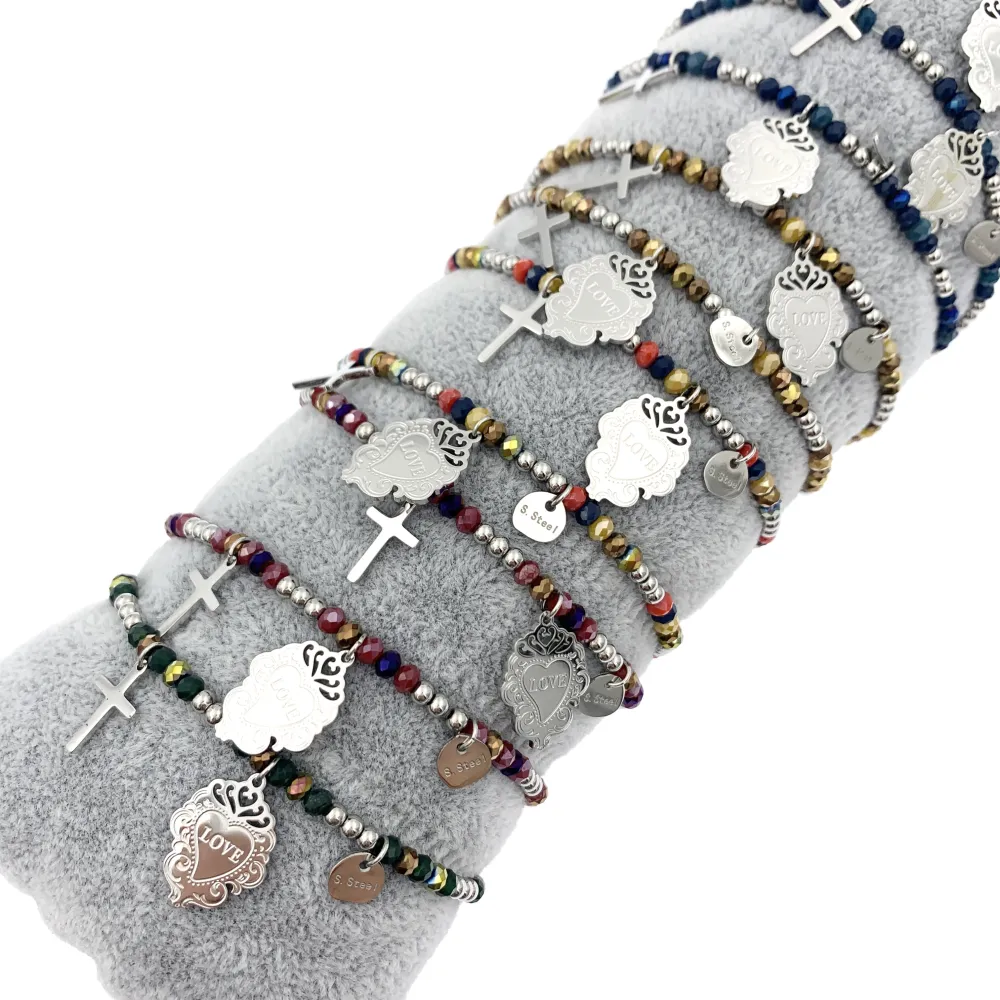 12Pz Bracciali Elastici in Acciaio+Cuscino in Omaggio - BPA7674-Croce Sacro Cuore-12 Pz Bracciali in Acciaio