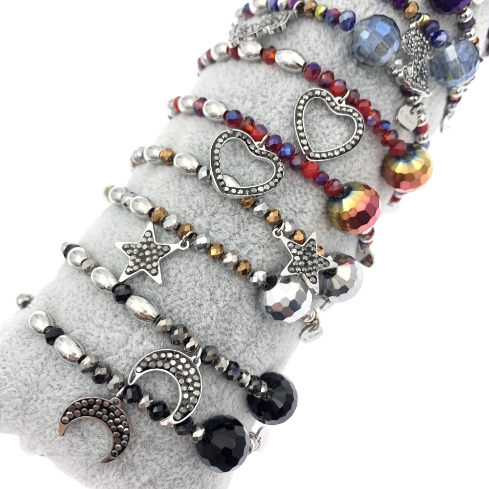 12Pz Bracciali Elastici in Acciaio+Cuscino in Omaggio - BPA7679-Mix Soggetti con Strass-12 Pz Bracciali in Acciaio
