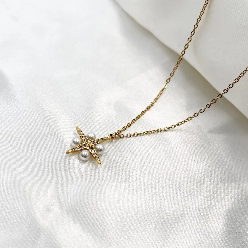 Croce Stella con Perla-Collana Corta in Acciaio - CAC-103-AA192N