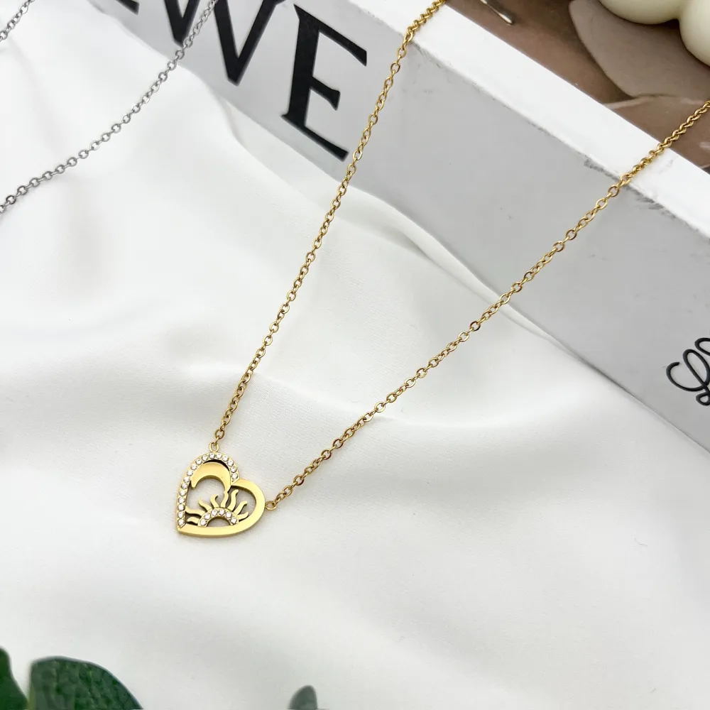 Cuore con Sole e Luna -Collana Girocollo in Acciaio - CAC-103-AA4356N