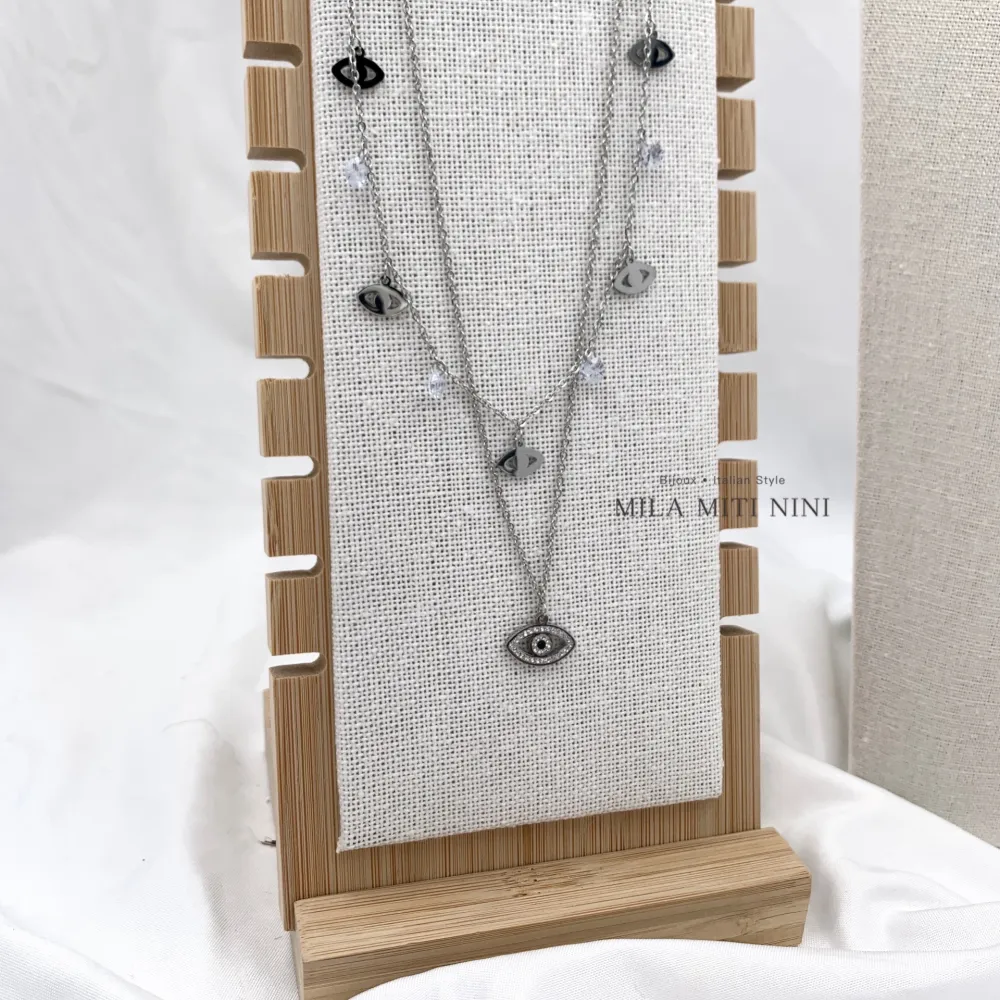 Doppio Zirconia occhio -Collana Corta in Acciaio - CAC-413-1712