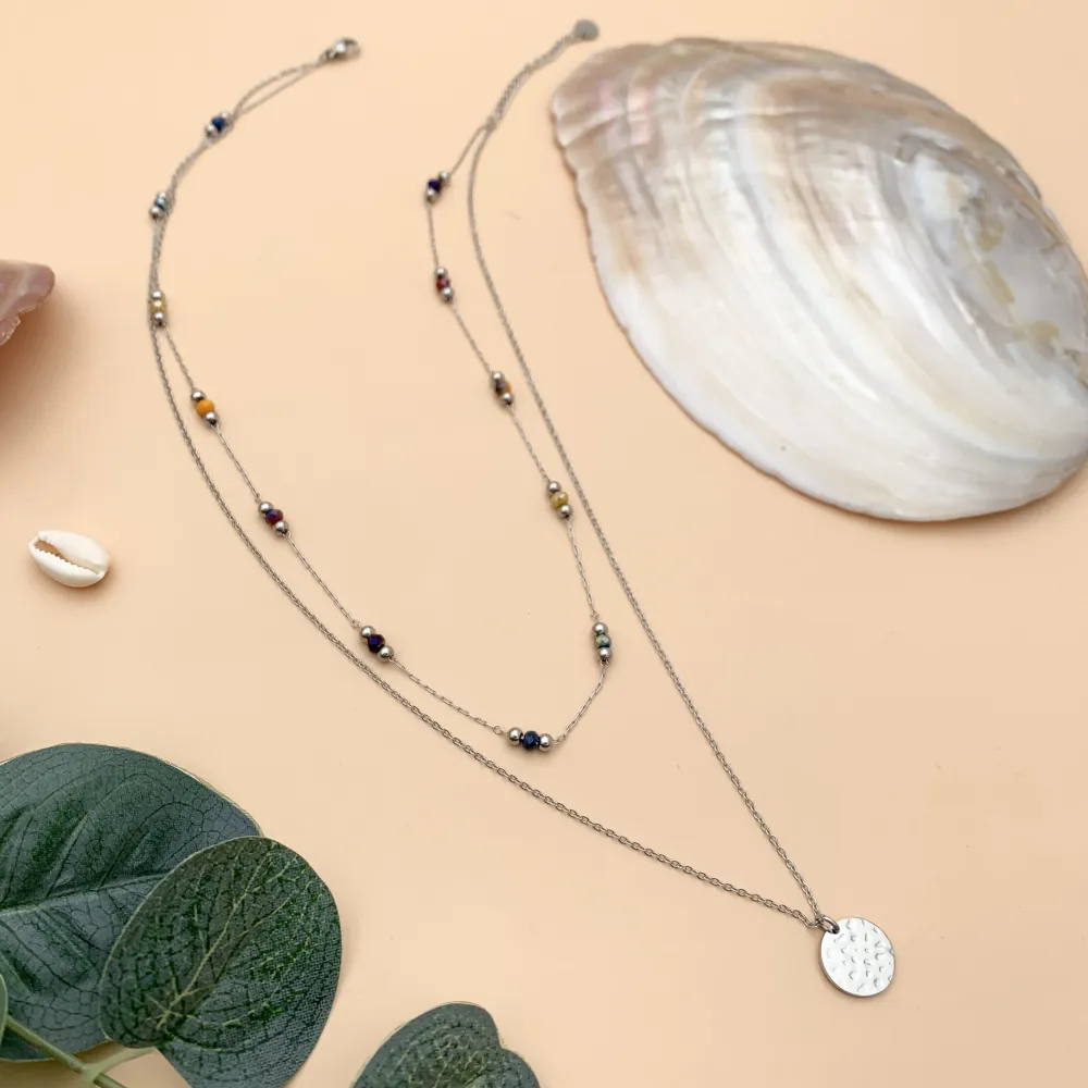 Multifilo collana acciaio - CAC4458-Catena Pietra e Medaglia-Collana Corta in Acciai