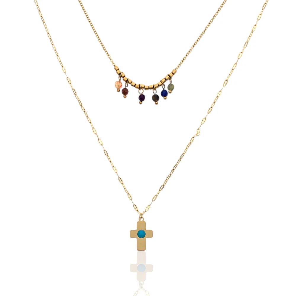 Doppio Catena con Croce-Collana Corta in Acciaio - CAC-732-26