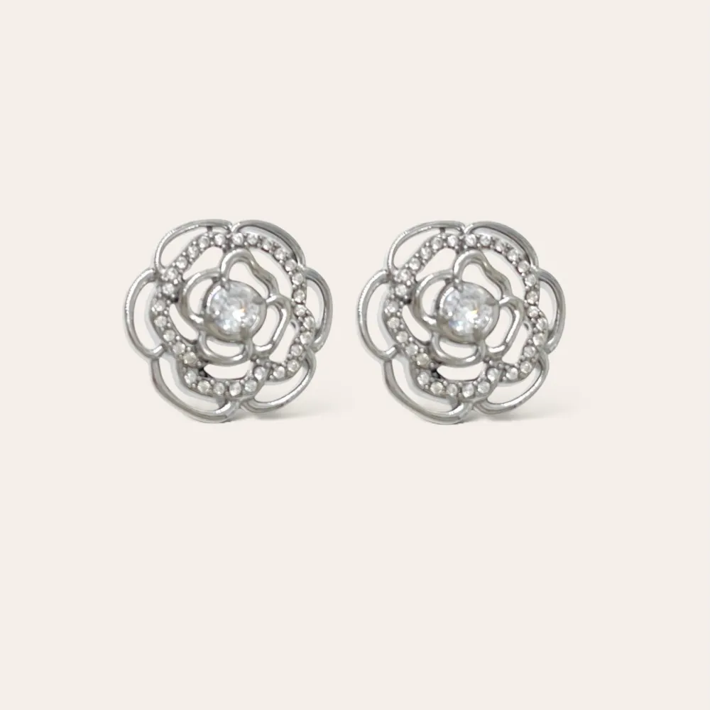 Fiore Rosa con Strass -Orecchini in Acciaio - OAP-103-AA4175E