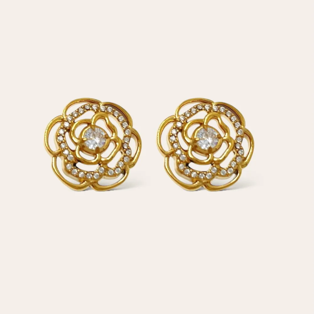 Fiore Rosa con Strass -Orecchini in Acciaio - OAP-103-AA4175E