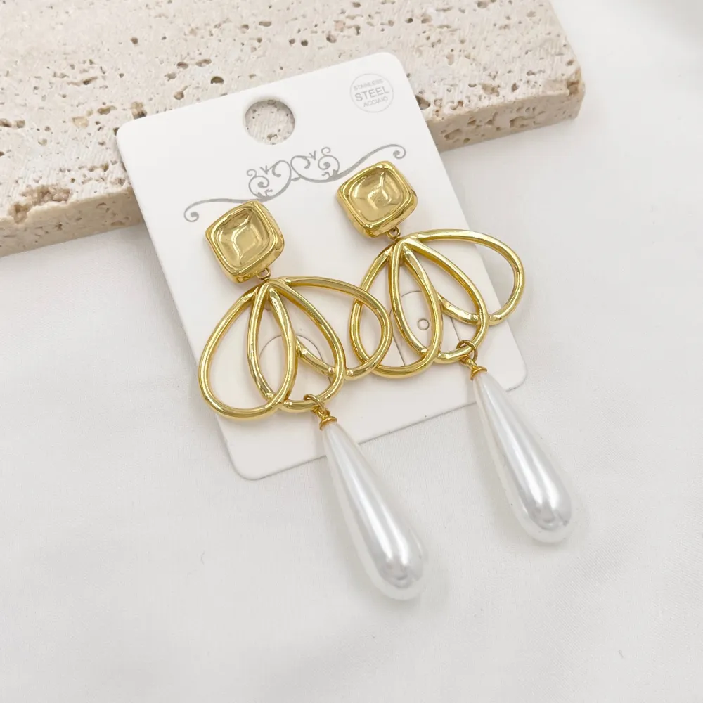 Fiore con Perla Goccia -Orecchini in Acciaio - OAP-413-834