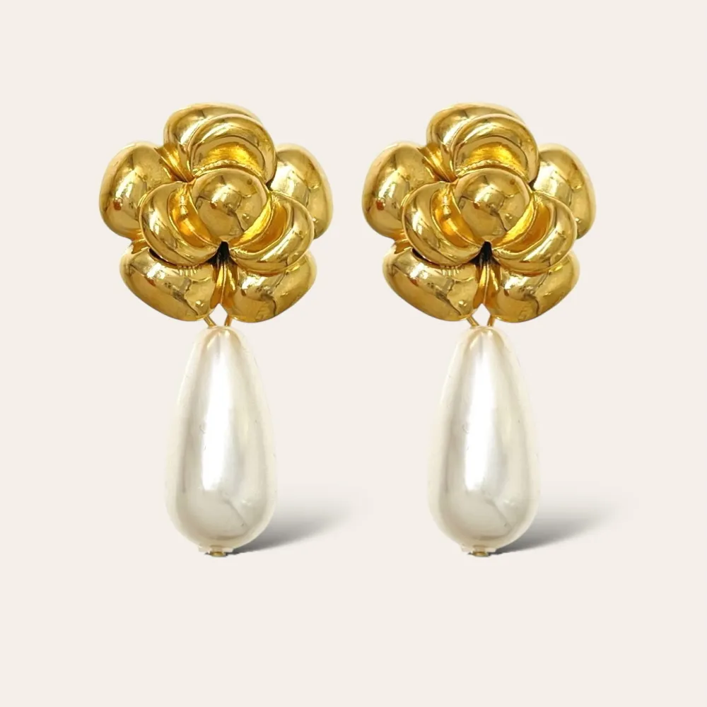 Fiore Rosa con Perla -Orecchini in Acciaio - OAP-732-360
