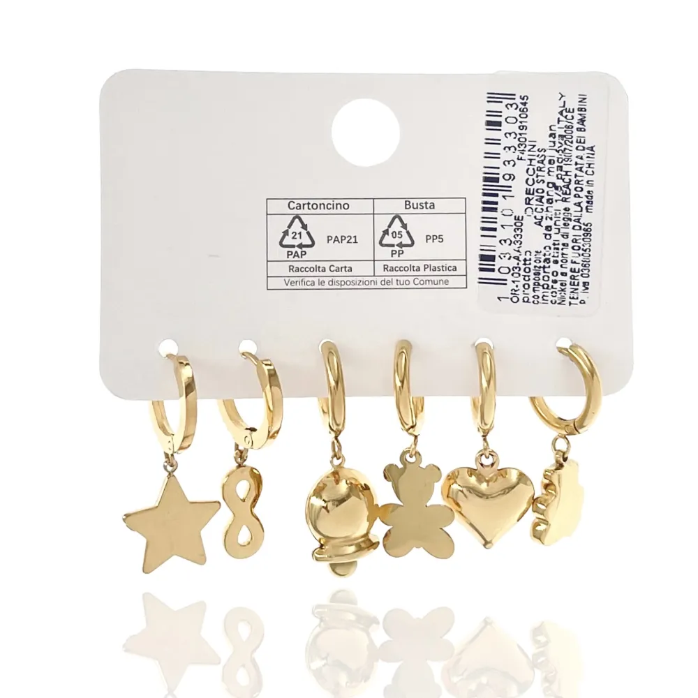 Orsetto Cuore Stella - Set 6pz Orecchini in Acciaio - OPA-103-AA3330E