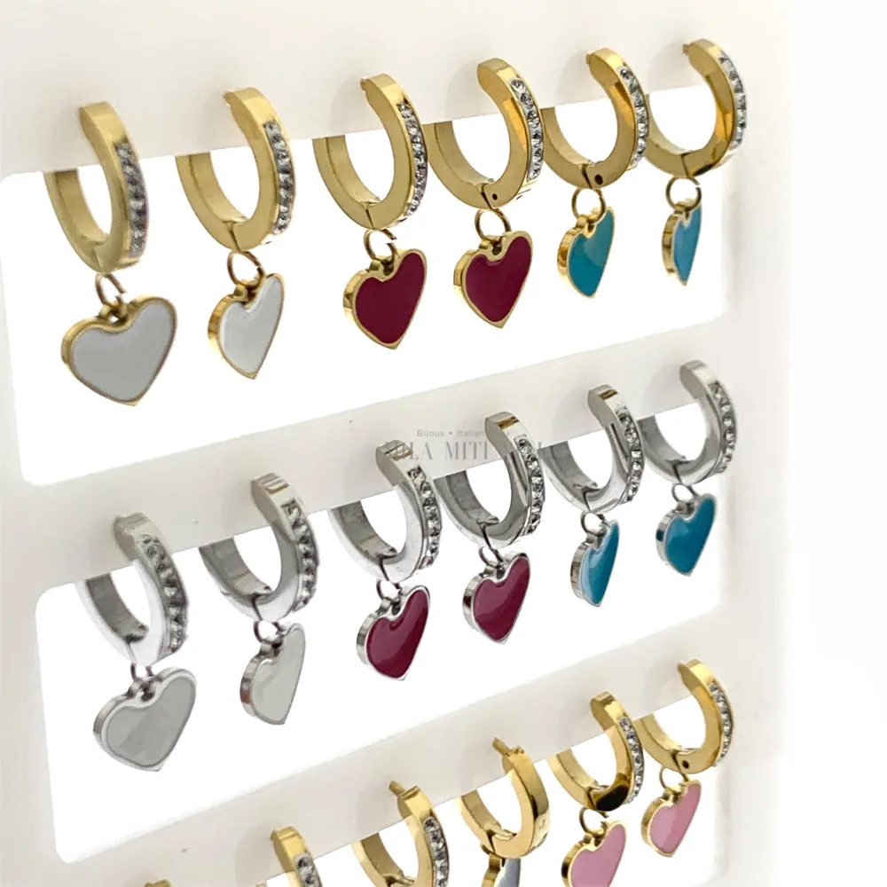 OPA7416-Cuore Smaltato- 12 Paia Orecchini a Cerchio con Pedenti - OPA450-335