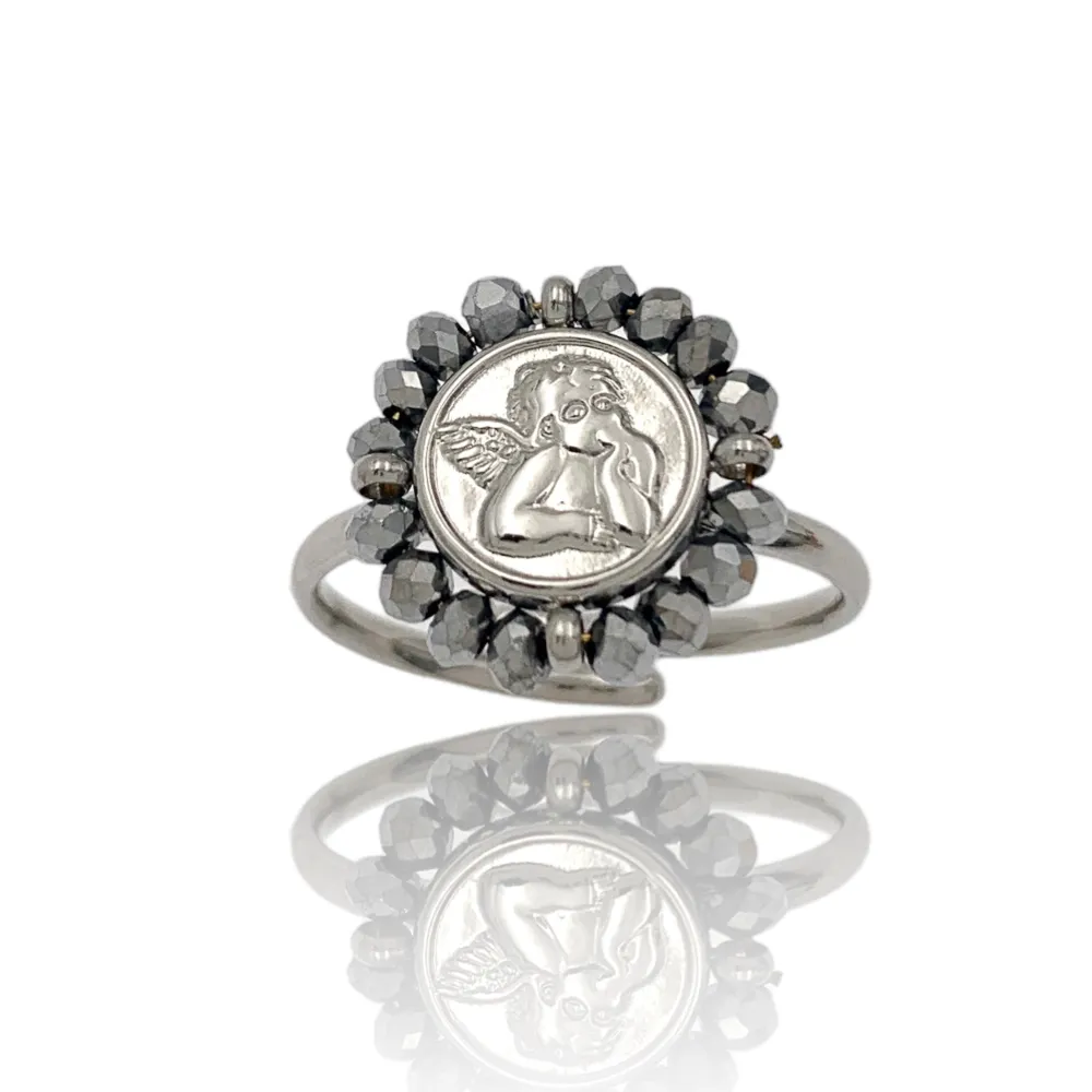 Angelo con Cristalli-36pz Anelli Regolabili in Acciaio - AAR-103-AA2711R