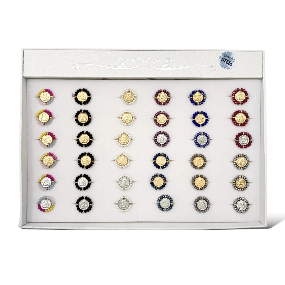 Angelo con Cristalli-36pz Anelli Regolabili in Acciaio - AAR-103-AA2711R