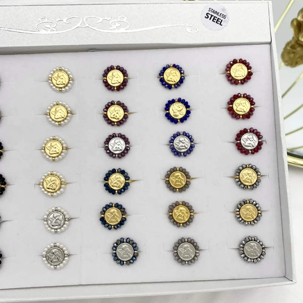 Angelo con Cristalli-36pz Anelli Regolabili in Acciaio - AAR-103-AA2711R