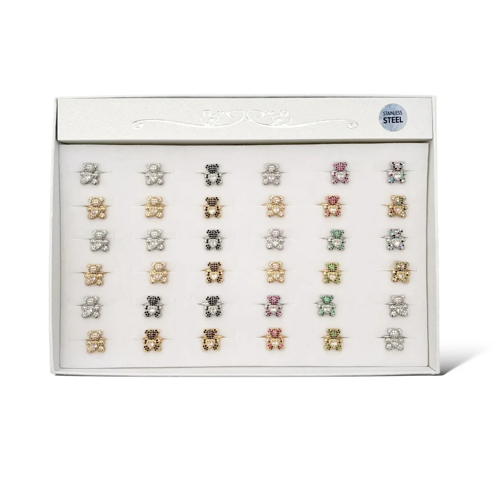 Orsetto Piccolo con Zirconia-36Pz Anelli Regolabili in Acciaio - AAR-103-AA2719R 12mm