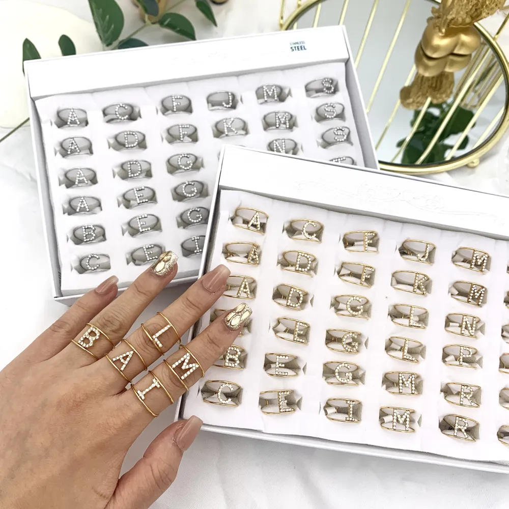 Iniziale con Zirconia-36pz Anelli Regolabili in Acciaio - AAR-103-AA2982R