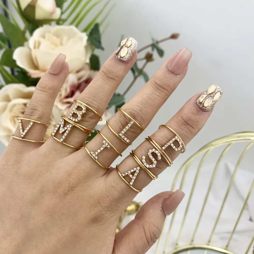 Iniziale con Zirconia-36pz Anelli Regolabili in Acciaio - AAR-103-AA2982R