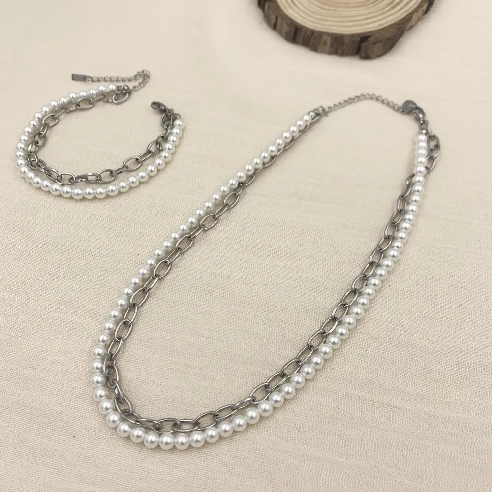 Perla e Catena-Bracciale in Acciaio con Chiusura - BAC-413-2058