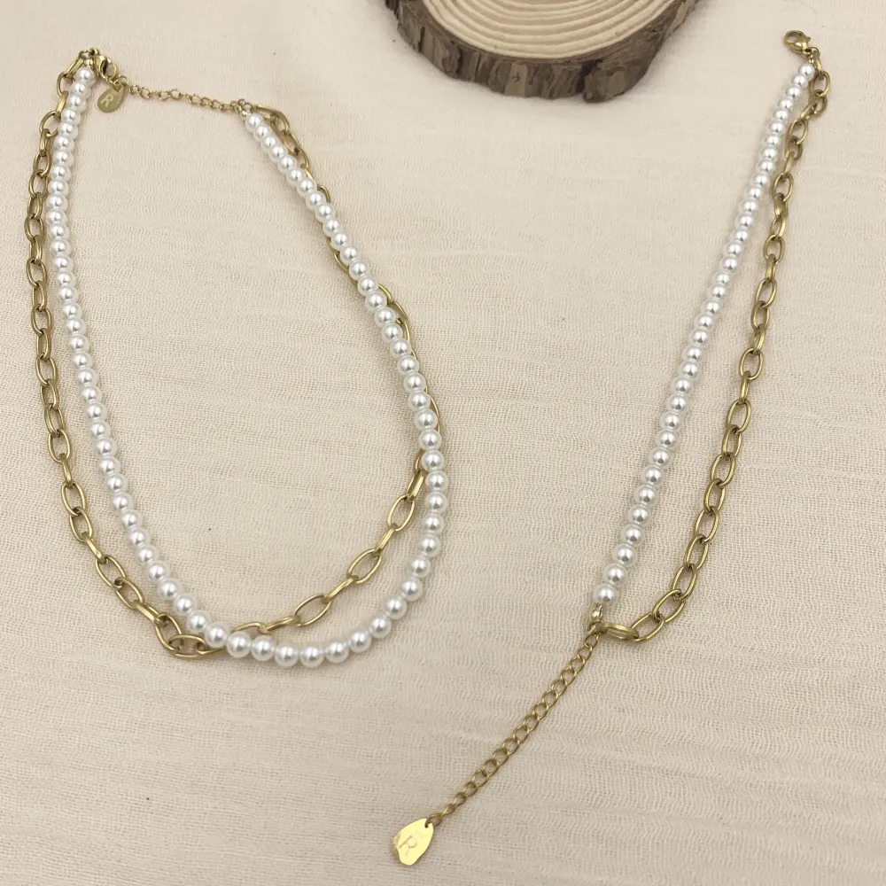 Perla e Catena-Bracciale in Acciaio con Chiusura - BAC-413-2058