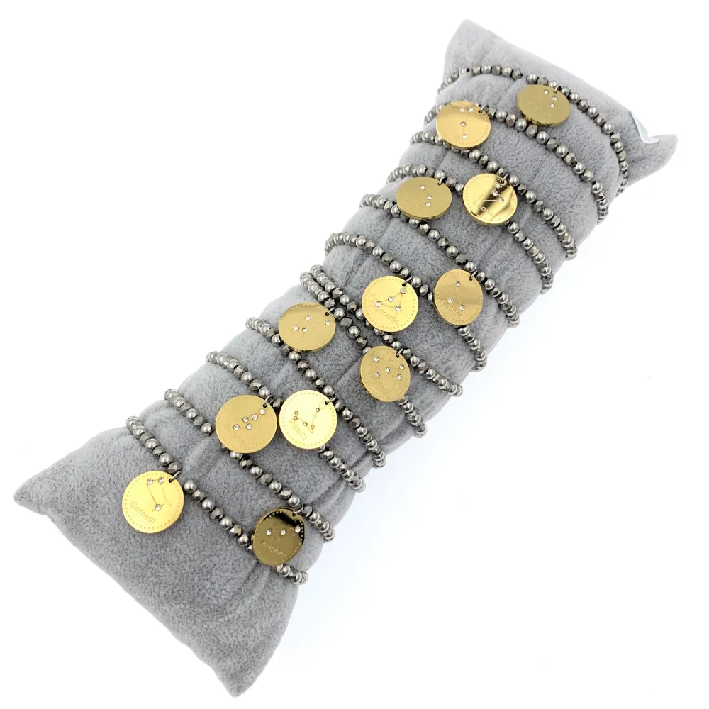 12Pz Bracciali Elastici in Acciaio+Cuscino in Omaggio - BPA413-2259-Segno Zodiacale-12 Pz Bracciali in Acciaio