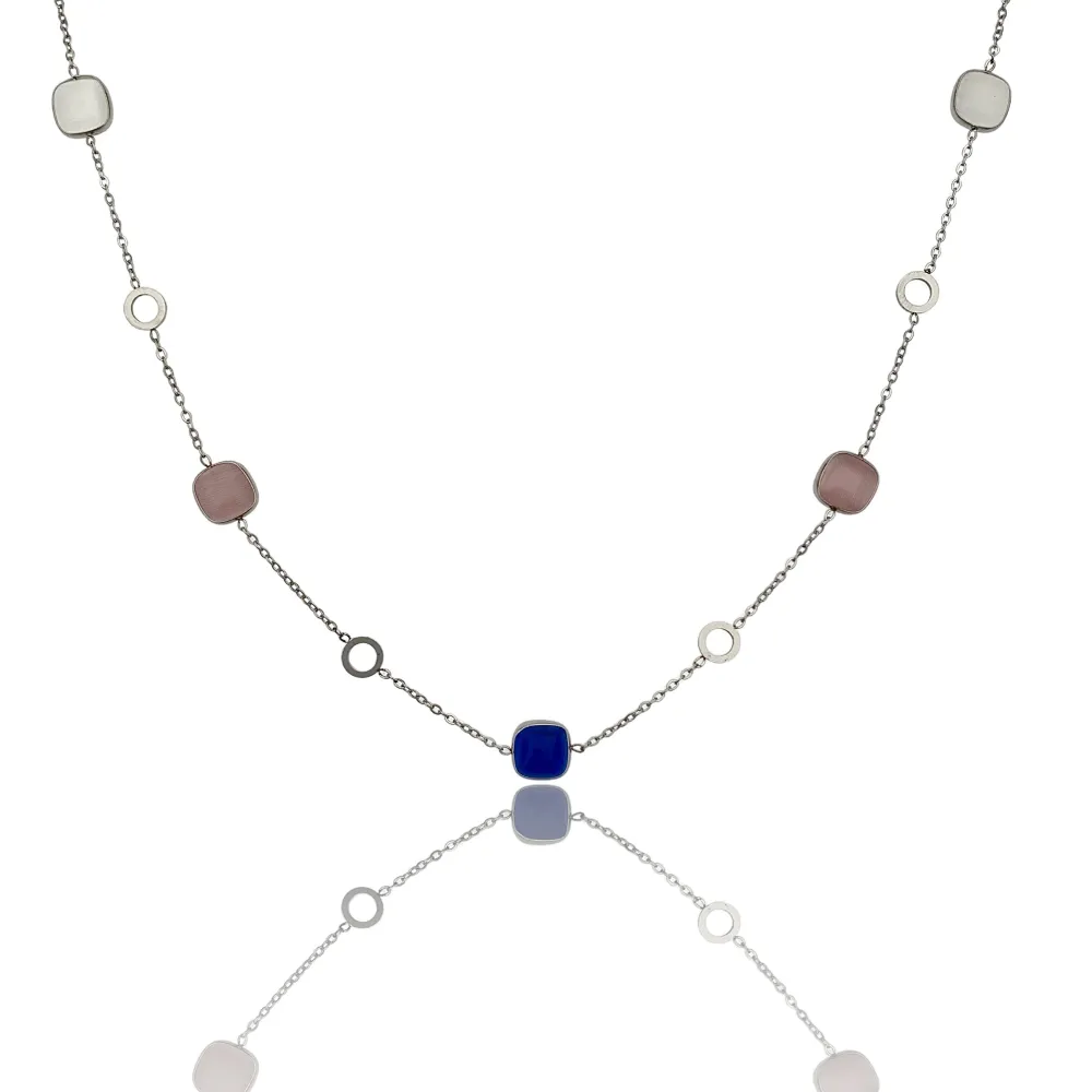 Pietra Luna Quadrata-Collana Corta in Acciaio - CAC-103-AA633N
