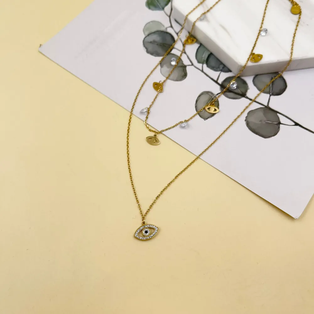 Doppio Zirconia occhio -Collana Corta in Acciaio - CAC-413-1712