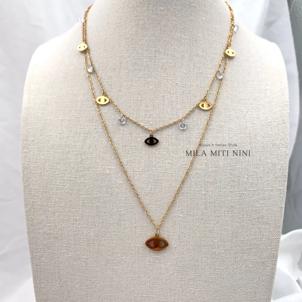 Doppio Zirconia occhio -Collana Corta in Acciaio - CAC-413-1712