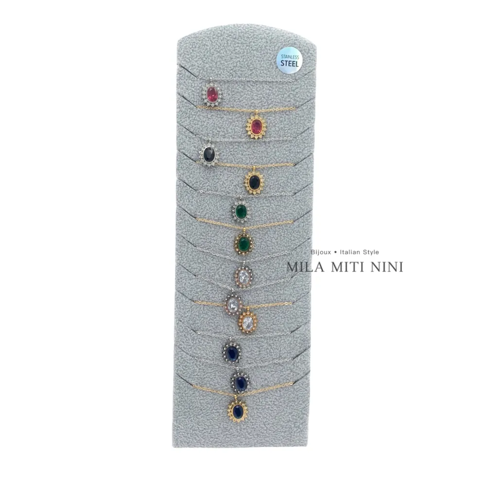 Pietra Ovale-12Pz Collane Corta in Acciaio + Espositore in Omag - CAC-413-2121