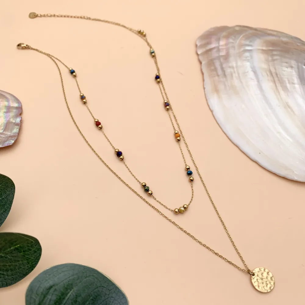 Multifilo collana acciaio - CAC4458-Catena Pietra e Medaglia-Collana Corta in Acciai