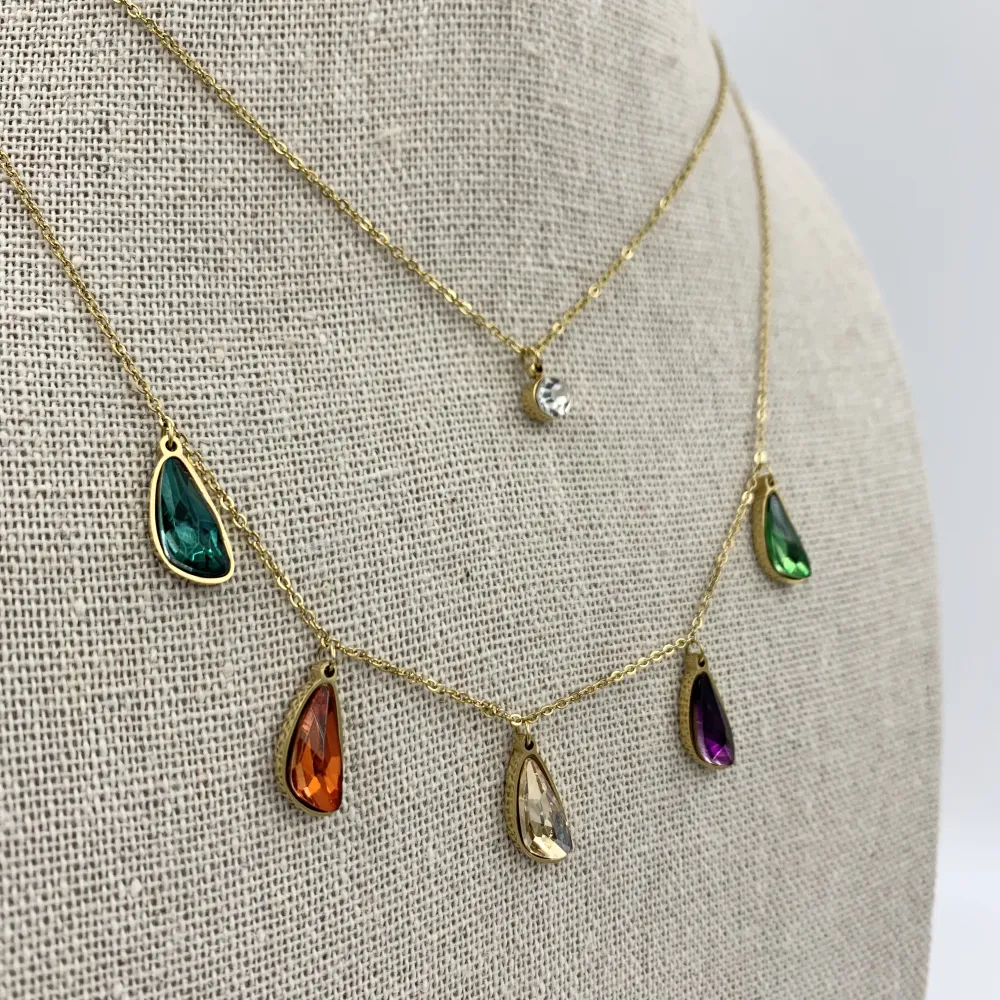 Collana moda multifilo  acciaio e cristallo - CAC5084-Goccia e punto lunce doppio filo - Collana Acciaio