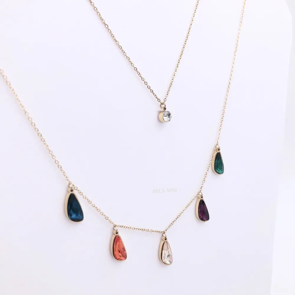 Collana moda multifilo  acciaio e cristallo - CAC5084-Goccia e punto lunce doppio filo - Collana Acciaio