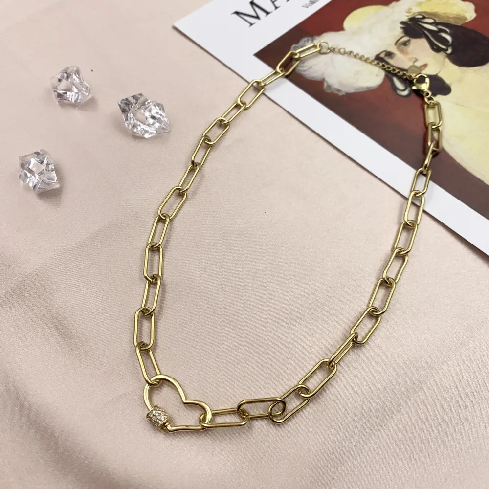 CAC7040-Cuore Zirconia- Collana Corta in Acciaio - CAC7040-Cuore Zirconia- Collana Corta in Acciaio