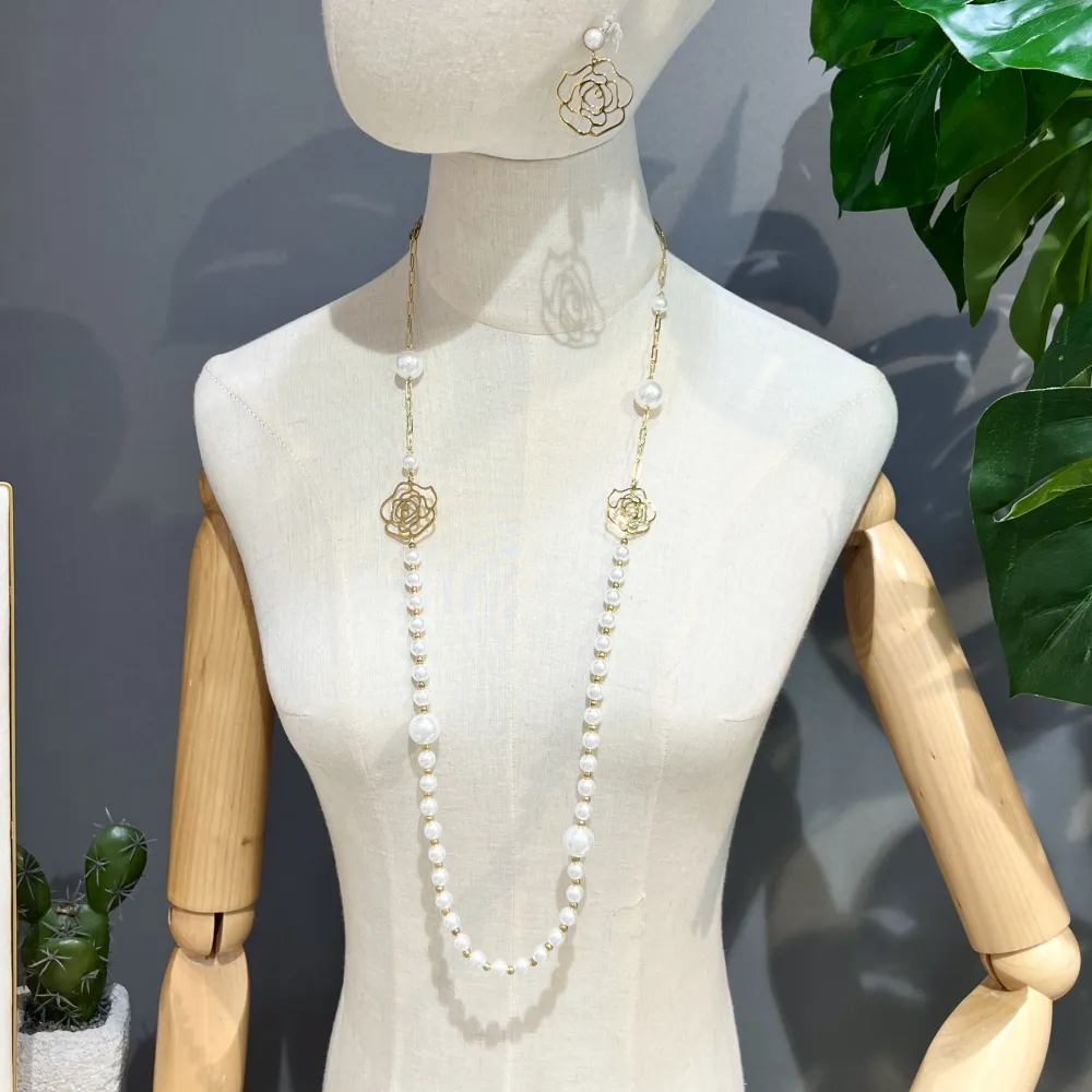 Perla con Fiore-Collana Lunga  in Acciaio - CAL-759-31