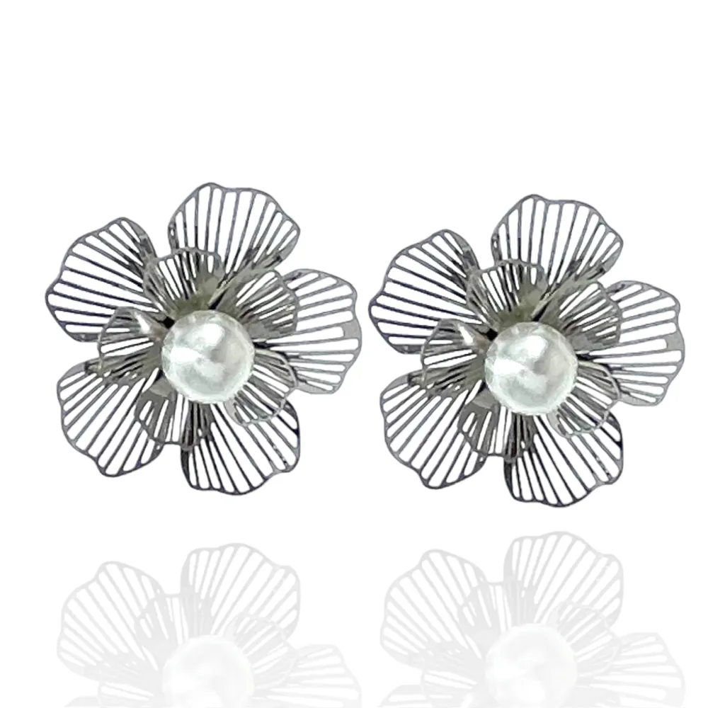 Fiore con Perla -Orecchini in Acciaio - OAP-413-2107