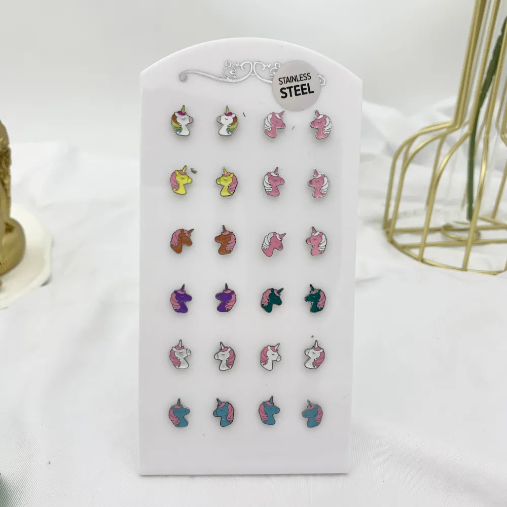 Unicorno Smaltato-12Paia Orecchini a Lobo in Acciaio - OPA-103-AA2408E