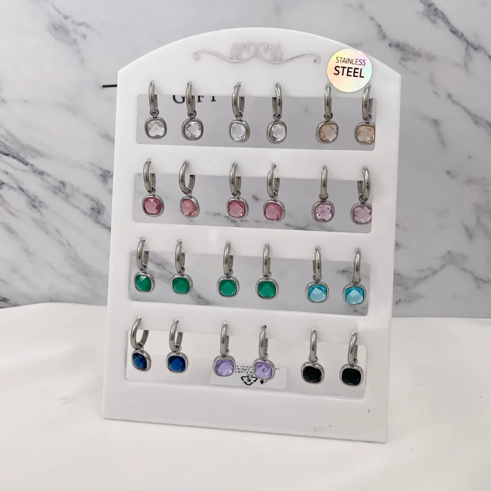 Cerchio con Piedtra Quadrata-12Paia Orecchini in Acciaio - OPA103-AA70E