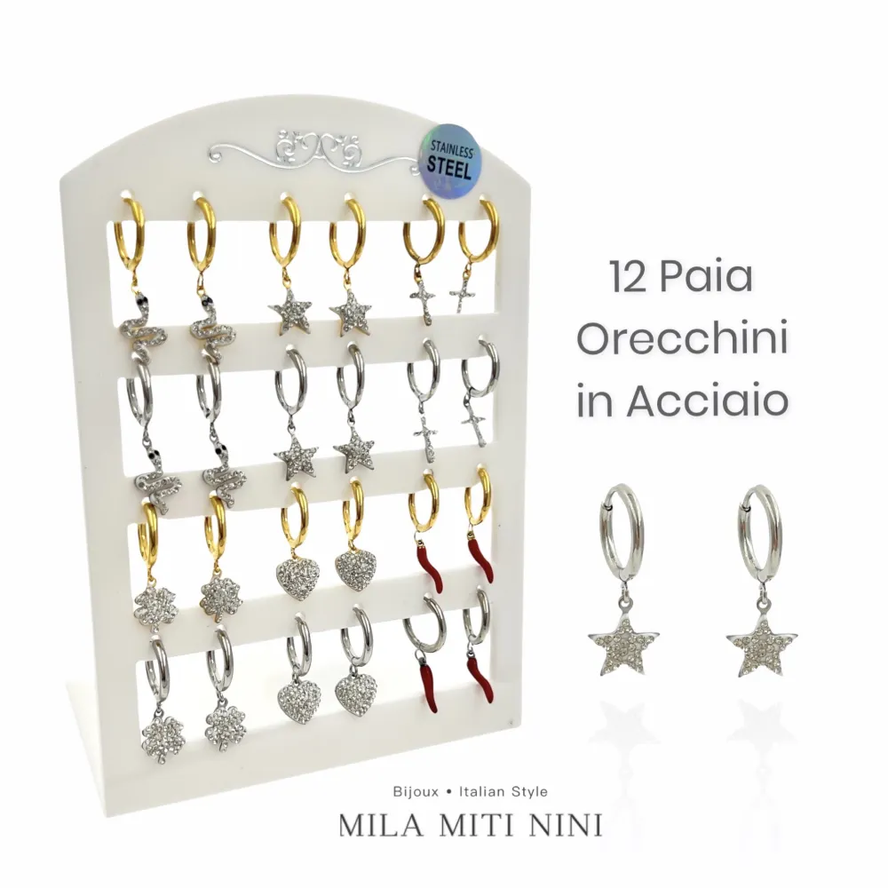 Mix Pendenti con Strass-12Paia Orecchini in Acciaio - OPA-450-356-516