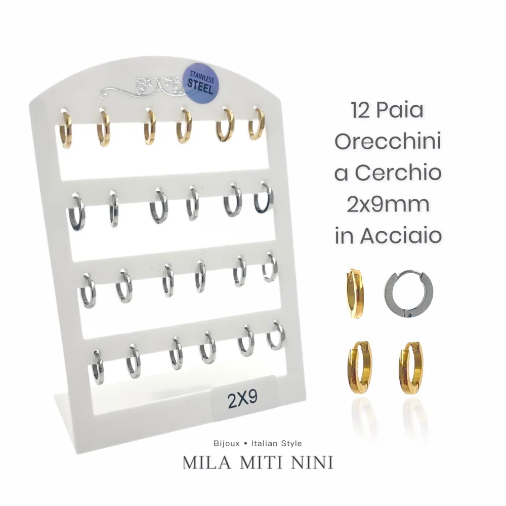 Cerchio Quadrato 2x9-12 Paia Orecchini in Acciaio - OPA-450-366