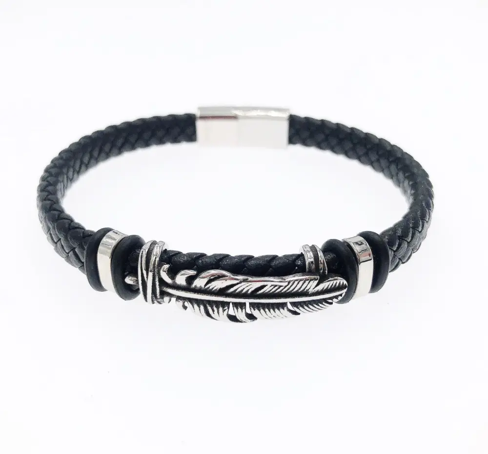 BAU-Foglia 4913-Bracciale da uomo in acciaio Vera pelle_Nero_1