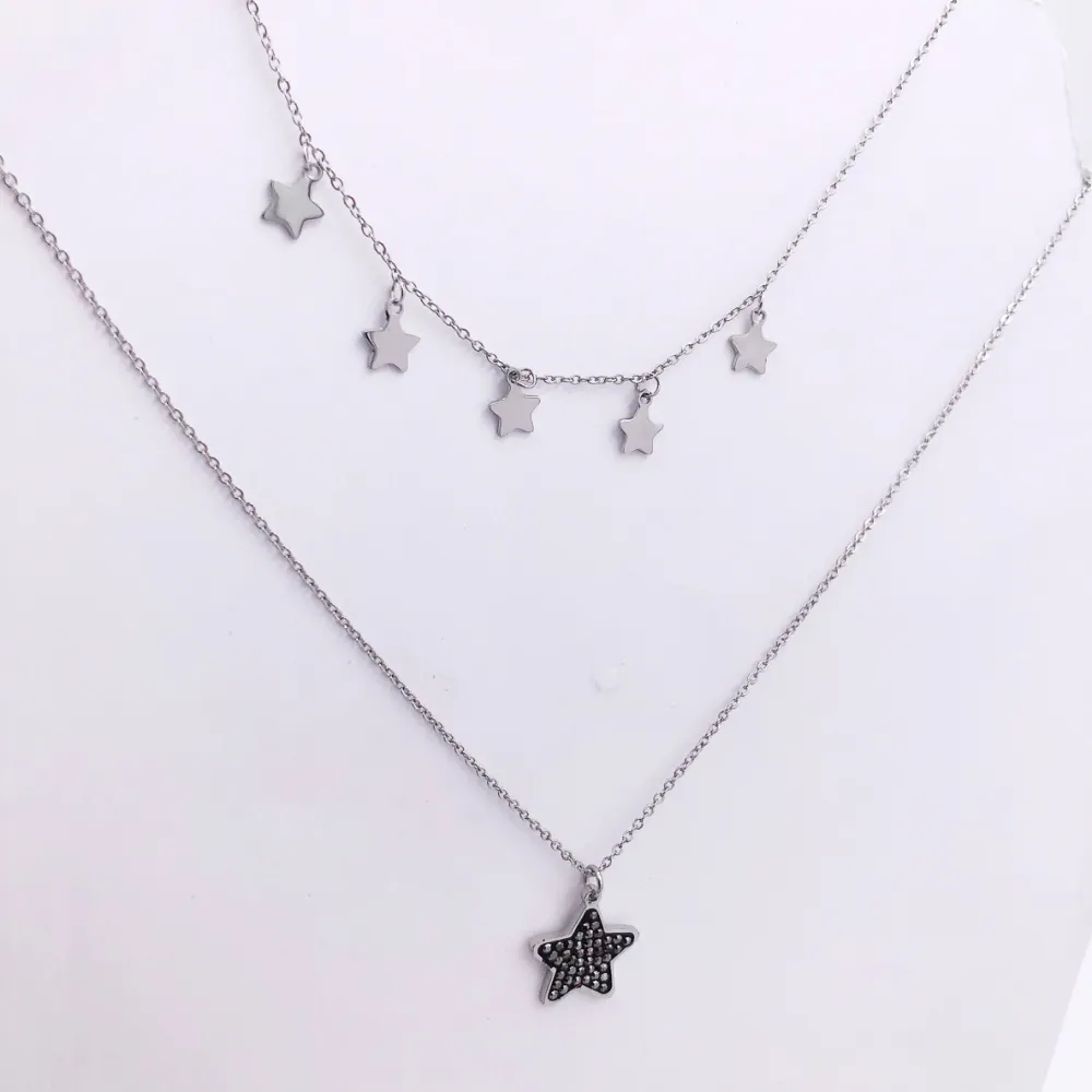 CAC4662-Stelle strass - Collana  Corta Multifilo in Acciaio