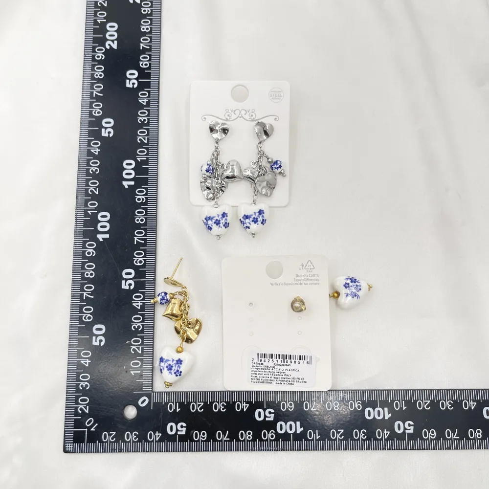Porcellana blu e bianca e cuore-Orecchini in Acciaio - OR-794-85