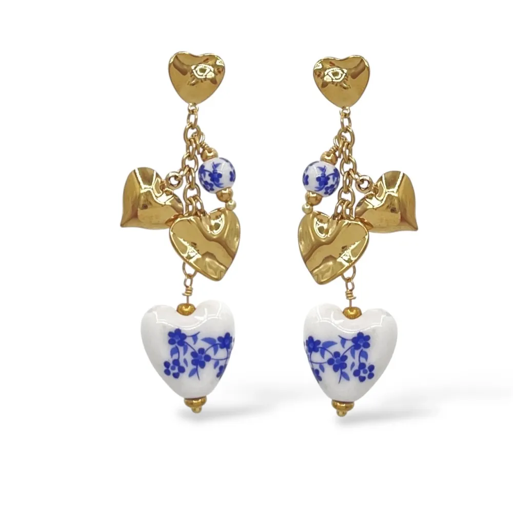 Porcellana blu e bianca e cuore-Orecchini in Acciaio - OR-794-85