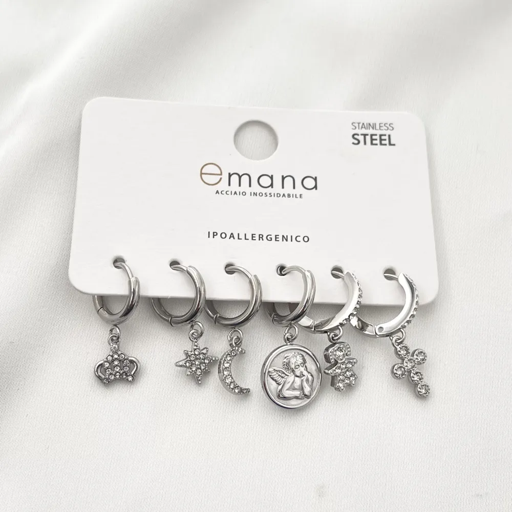 Quadrifoglio, angelo, croce-Set 6Pz Orecchini acciaio - OR-103-AA3329E