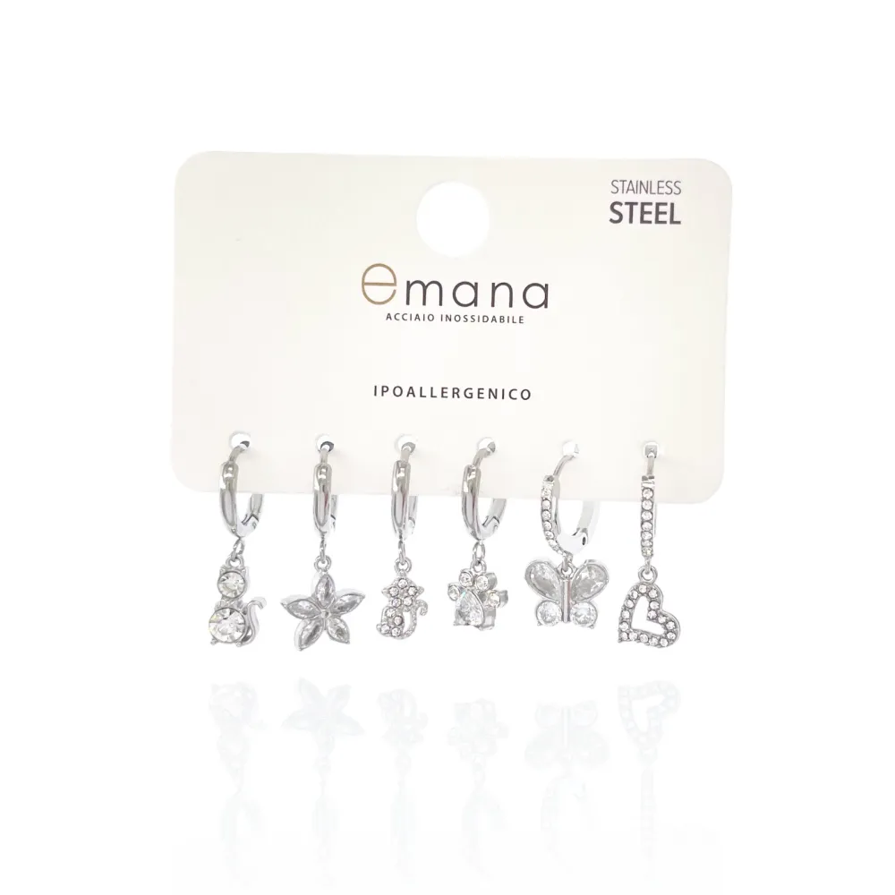 Cuore, farfalla, zampa, fiore, orsetto- Set 6pz Orecchini in Acciaio - OR-103-AA3328E
