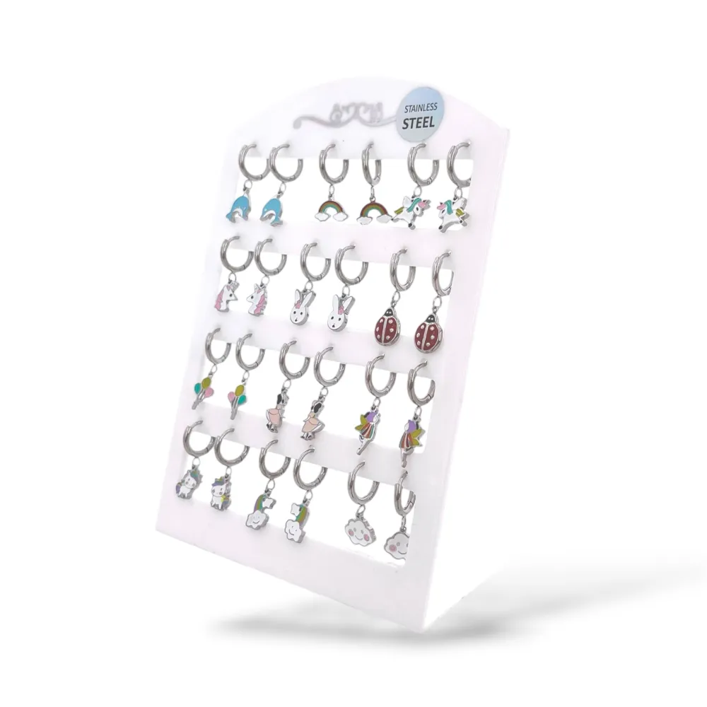 Delfino,arcobaleno, unicorno, coniglio -24pz Orecchini in Acciaio - OR-413-2530