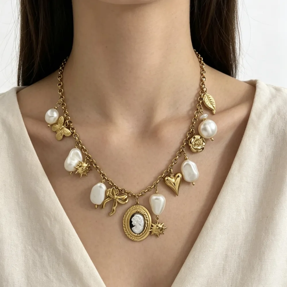 Dama, perle, sole, fiocco-Collana corta in Acciaio - CL-732-646