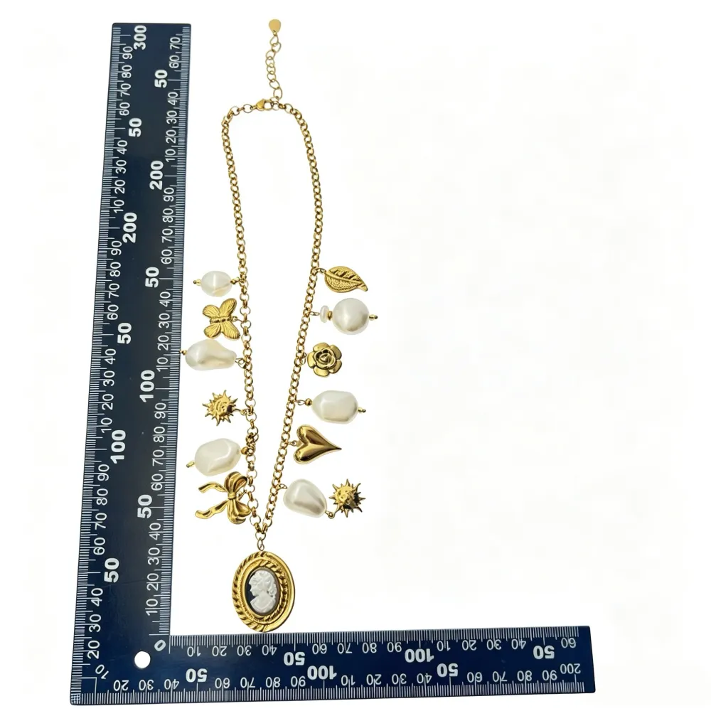 Dama, perle, sole, fiocco-Collana corta in Acciaio - CL-732-646