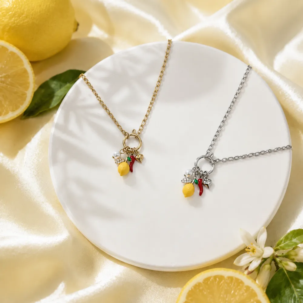 Limone, cornino, perla, cuore - Collana corta in acciaio - CAC-103-AA7261N