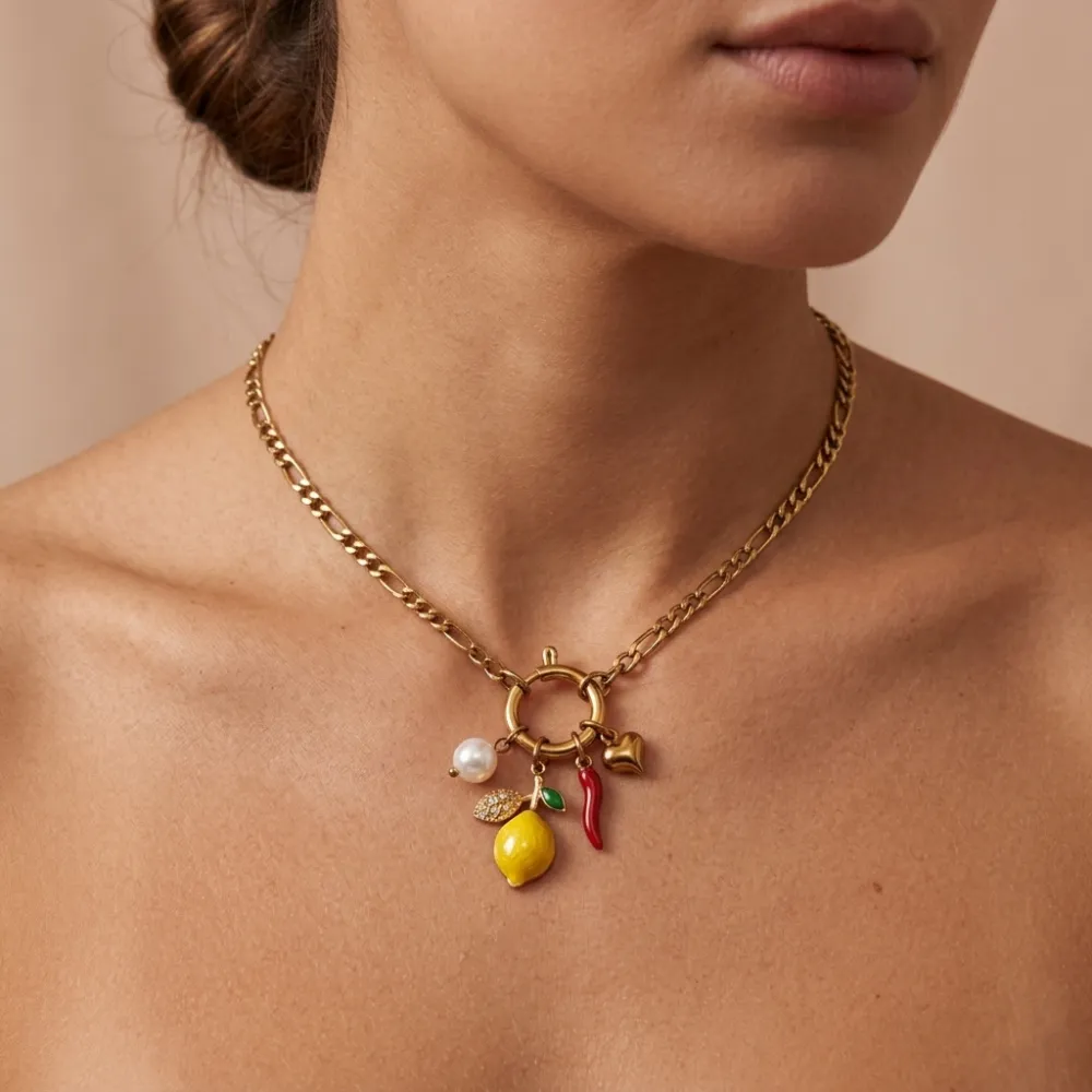 Limone, cornino, perla, cuore - Collana corta in acciaio - CAC-103-AA7261N